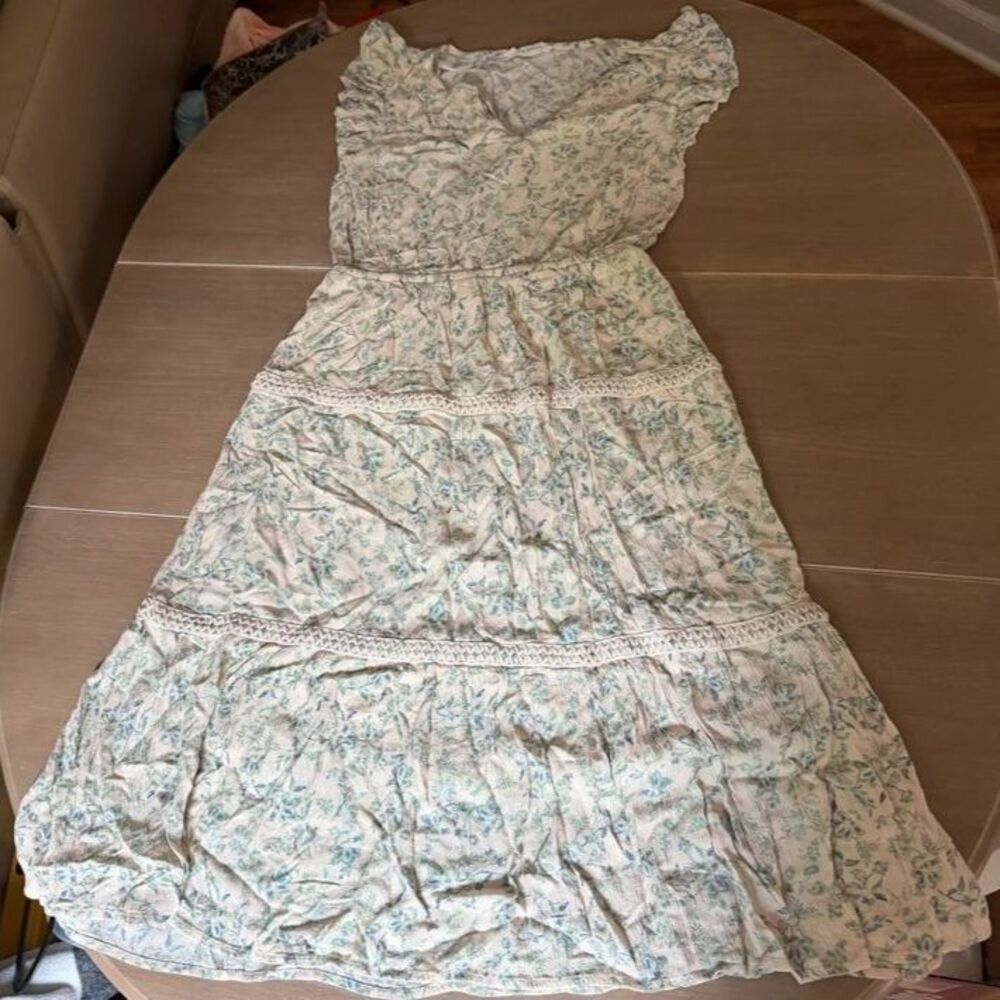 Lucky Brand Floral Maxi Dress M Blue Green Crochet Trim Boho Ruffle Sleeve